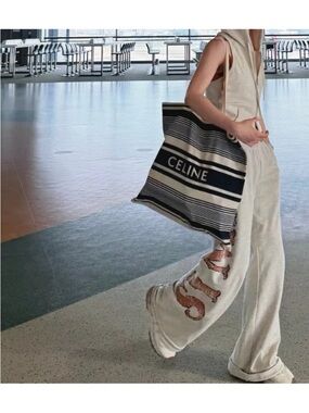 Celine Navy and Cream Striped Canvas Tote